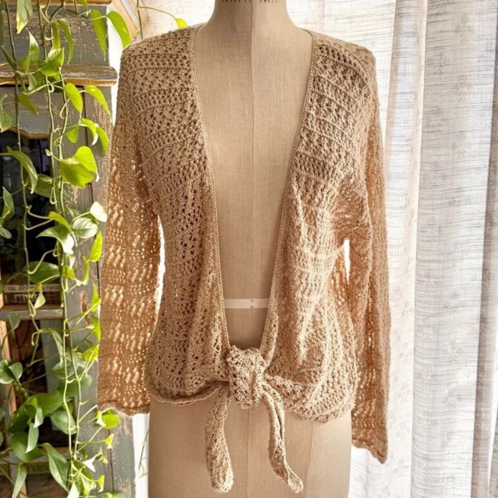 Y2K Tan Khaki Crochet Knit Shrug Bolero Tie Front Cardigan Size XL
